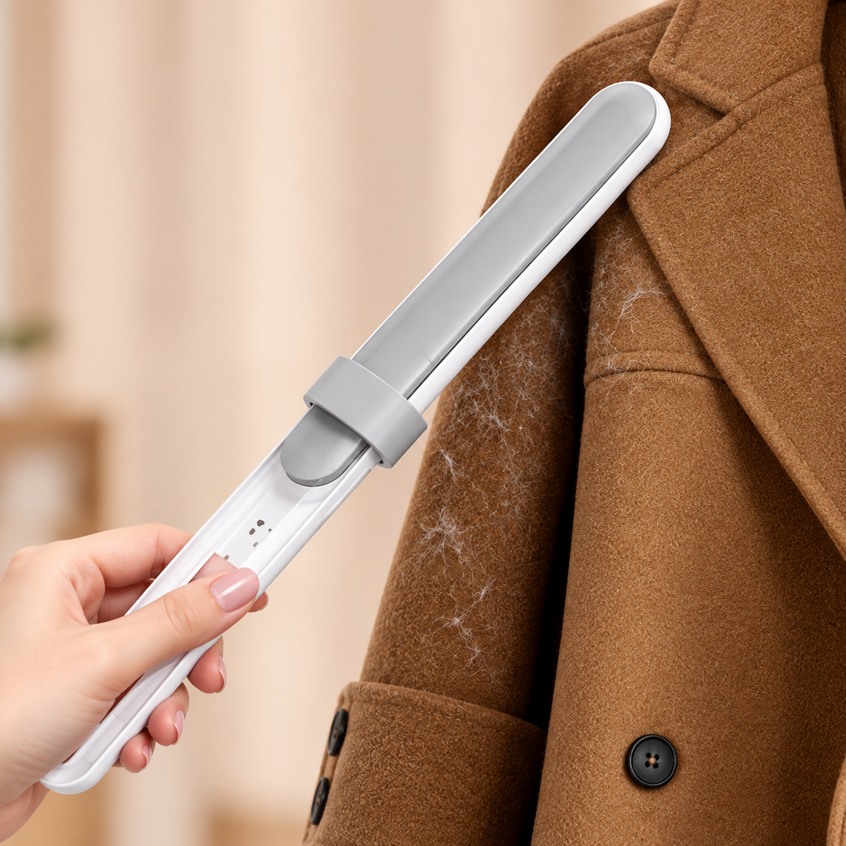 Brosse anti-poils électrostatique en utilisation sur un canapé